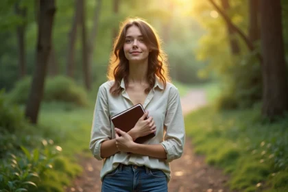 Jeune femme dans la forêt avec journal en main