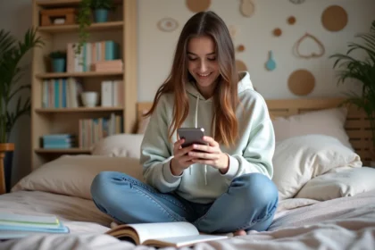 Jeune femme en hoodie lisant une citation musicale dans sa chambre