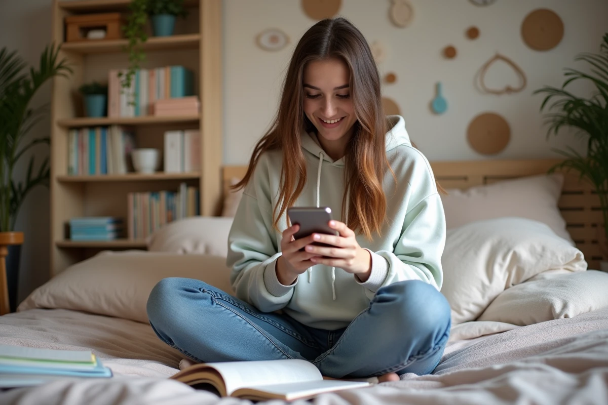Jeune femme en hoodie lisant une citation musicale dans sa chambre