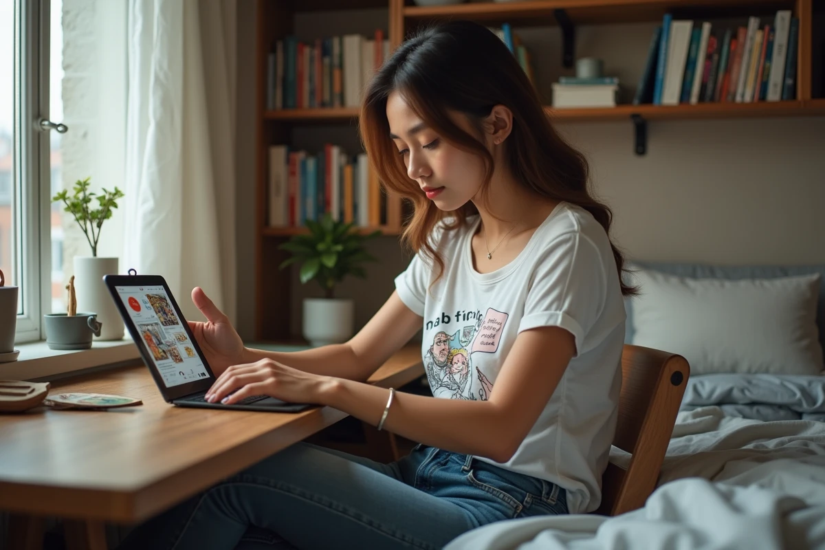 Jeune femme concentrée lisant un webtoon dans sa chambre