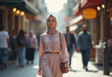 Jeune femme musulmane en hijab marche dans la ville