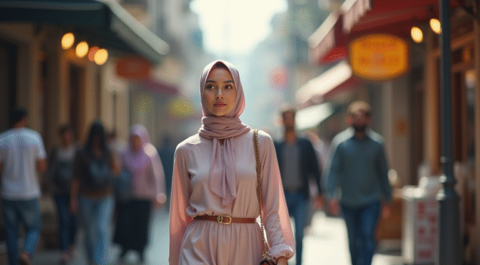 Jeune femme musulmane en hijab marche dans la ville