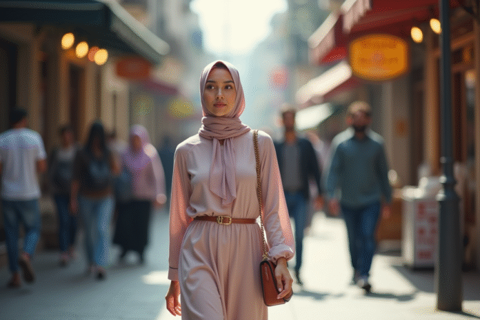 Jeune femme musulmane en hijab marche dans la ville
