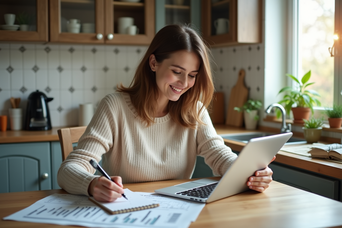 Jeune femme examine des annonces immobilières à la maison