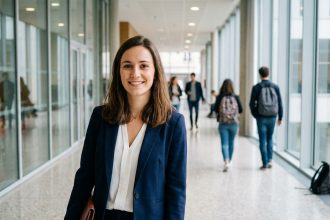 Jeune femme en blazer navy dans un couloir d'université parisienne