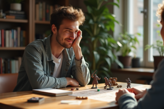 Jeune homme regardant un jeu de rôle en appartement lumineux