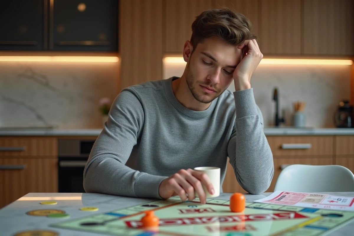 Jeune homme concentré jouant à Monopoly dans une cuisine moderne