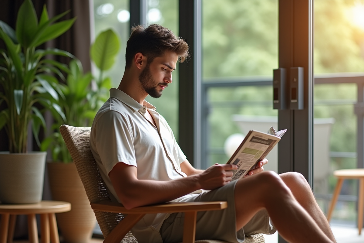 Jeune homme lisant un magazine dans un bureau moderne lumineux