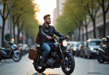 Jeune homme à moto en ville au matin