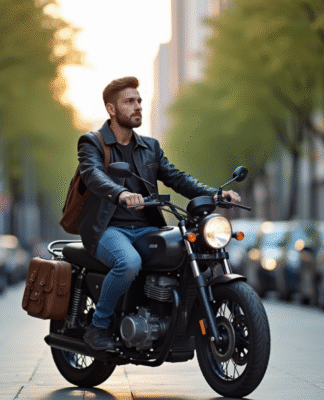 Jeune homme à moto en ville au matin