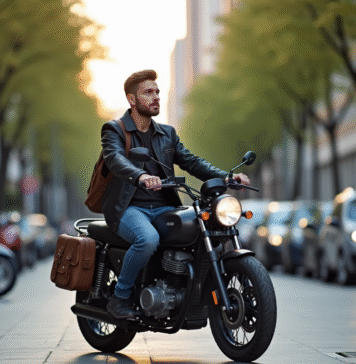 Jeune homme à moto en ville au matin