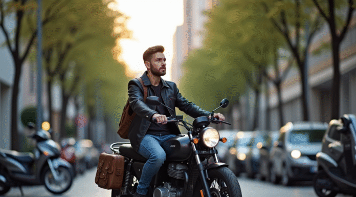 Jeune homme à moto en ville au matin