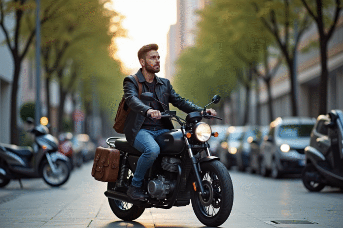 jeune-homme-moto-ville-matin Jeune homme à moto en ville au matin