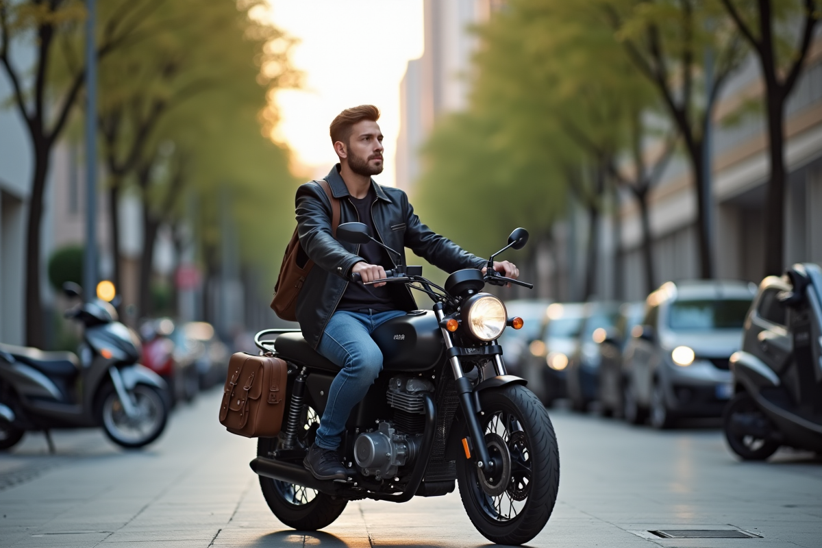 Jeune homme à moto en ville au matin