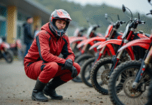 Jeune homme en motocross avec bike rouge en extérieur