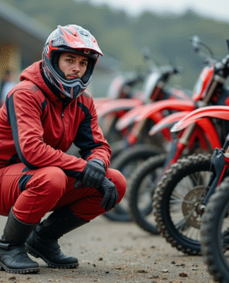 Jeune homme en motocross avec bike rouge en extérieur