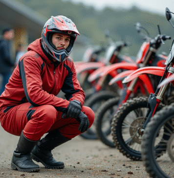 Les facteurs influençant le tarif d’une motocross 150cc Jeune homme en motocross avec bike rouge en extérieur
