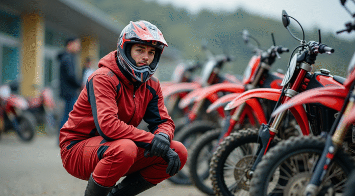 Jeune homme en motocross avec bike rouge en extérieur