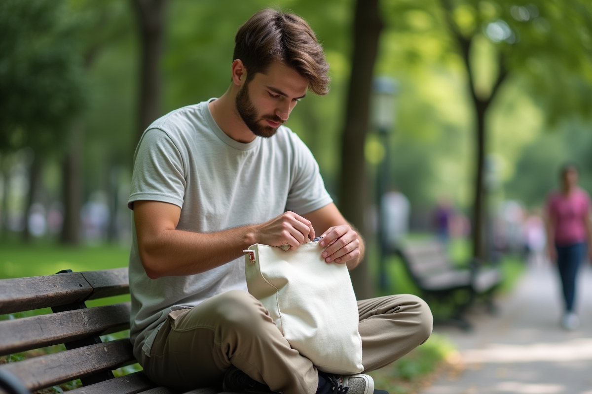 Jeune homme réparant un sac en toile dans un parc urbain