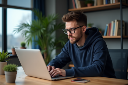 Jeune homme en hoodie regardant un avertissement de securite informatique