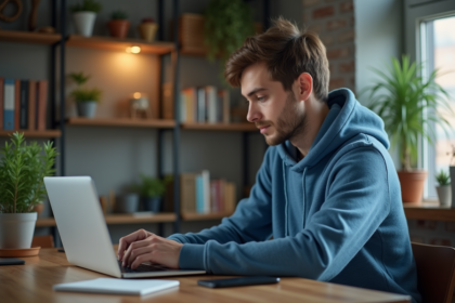 Jeune homme en hoodie bleu compare services de securite internet