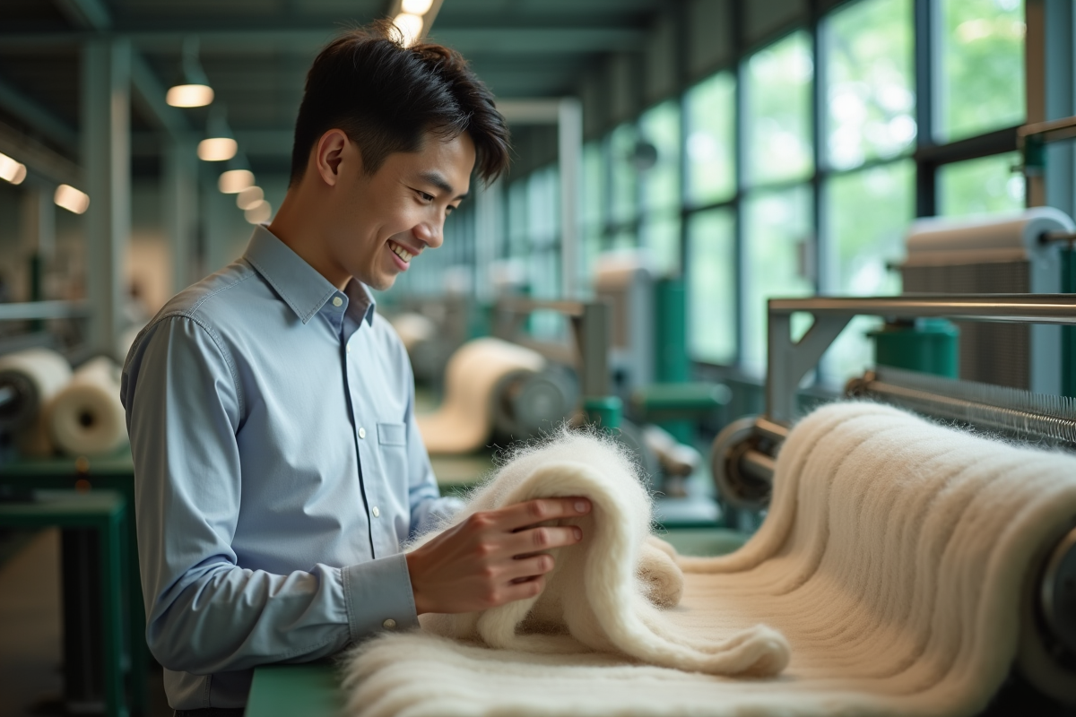 Jeune homme examinant un échantillon de laine dans une usine moderne