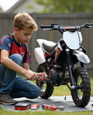 Jeune garçon vérifiant la chaîne d'un motocross 50cc dans un jardin