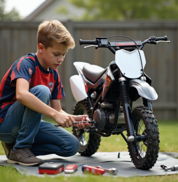 Jeune garçon vérifiant la chaîne d'un motocross 50cc dans un jardin
