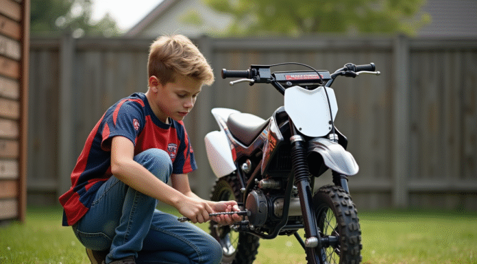 Jeune garçon vérifiant la chaîne d'un motocross 50cc dans un jardin