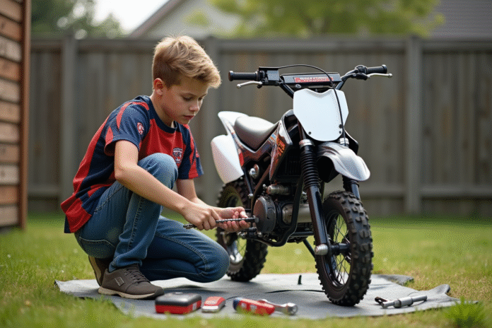 Jeune garçon vérifiant la chaîne d'un motocross 50cc dans un jardin