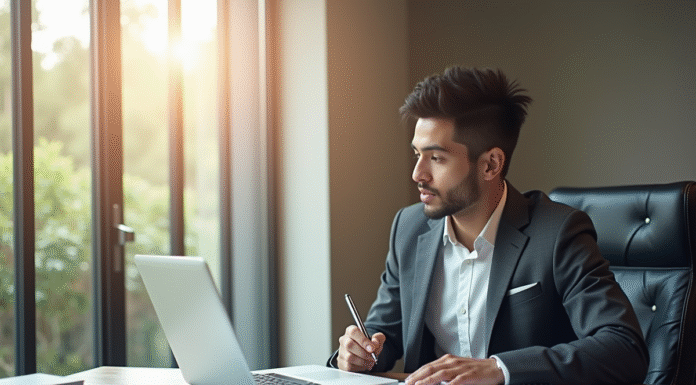 Jeune professionnel en bureau lumineux et moderne