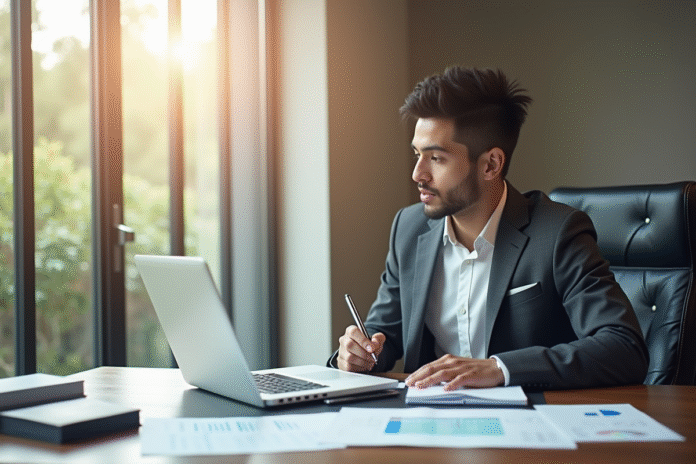 Jeune professionnel en bureau lumineux et moderne