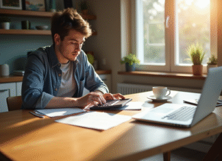 Comment évaluer un salaire net à temps partiel de 25 heures/semaine ? Jeune professionnel calculant ses finances à la cuisine