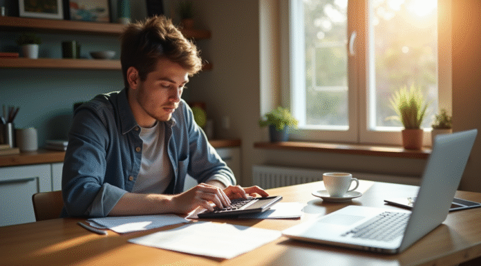 Jeune professionnel calculant ses finances à la cuisine