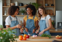 Coliving : définition et avantages des maisons en colocation moderne Jeunes adultes cuisinant ensemble dans une cuisine moderne