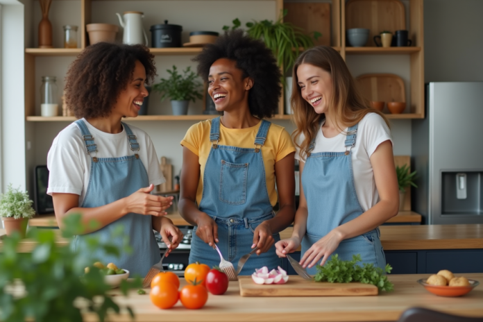 jeunes-cuisinent-maison-modulaire Jeunes adultes cuisinant ensemble dans une cuisine moderne