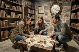 Groupe de joueurs résolvant des énigmes dans une salle d'escape room thème aventure avec cartes et cadenas