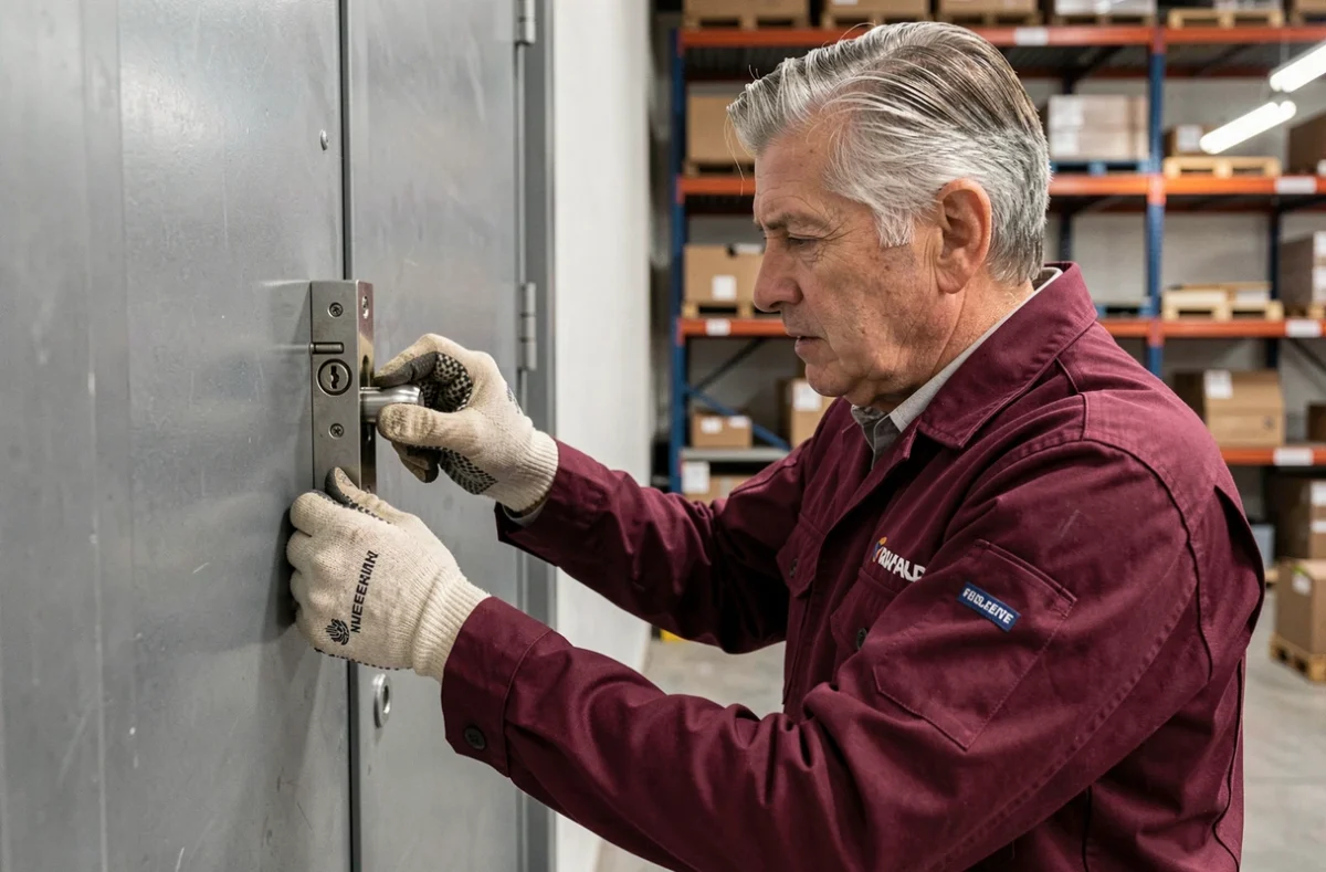 Serrurier de Kraemer et Fils Services installant une serrure haute sécurité sur une porte commerciale en acier