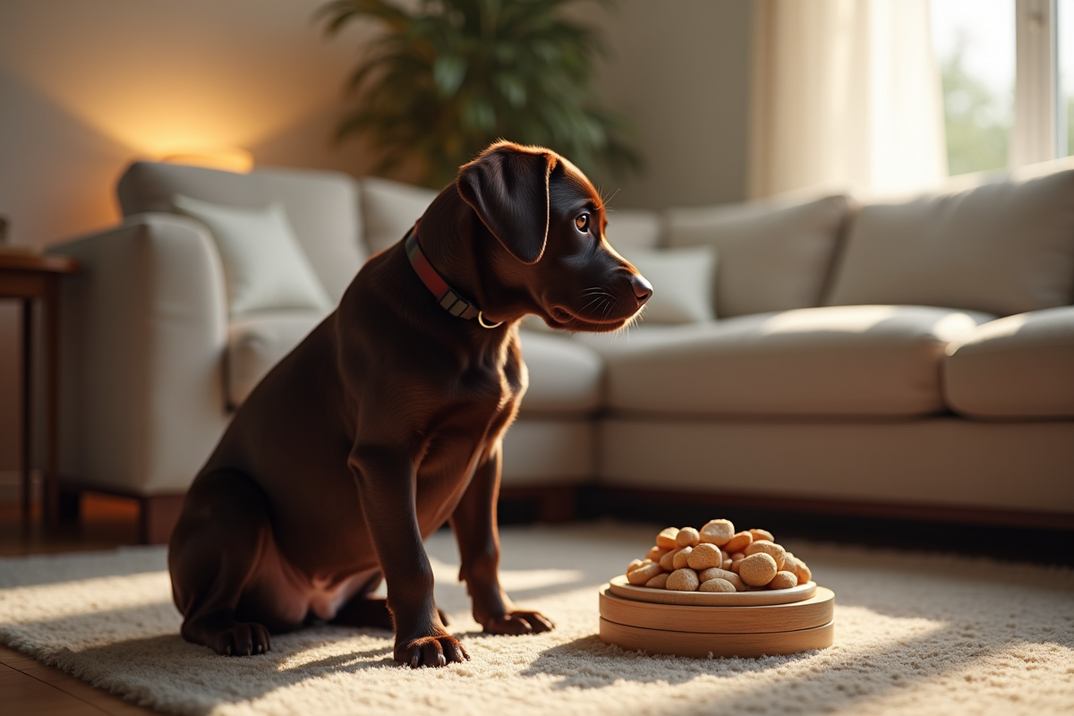 Labrador chocolat assis dans un salon avec un jouet puzzle