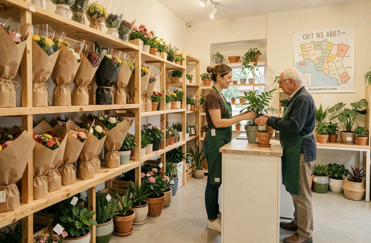 Intérieur chaleureux du Jardin des Fleurs à Bourges avec bouquets prêts-à-offrir en papier kraft, plantes en pot et une employée aidant un client âgé au comptoir