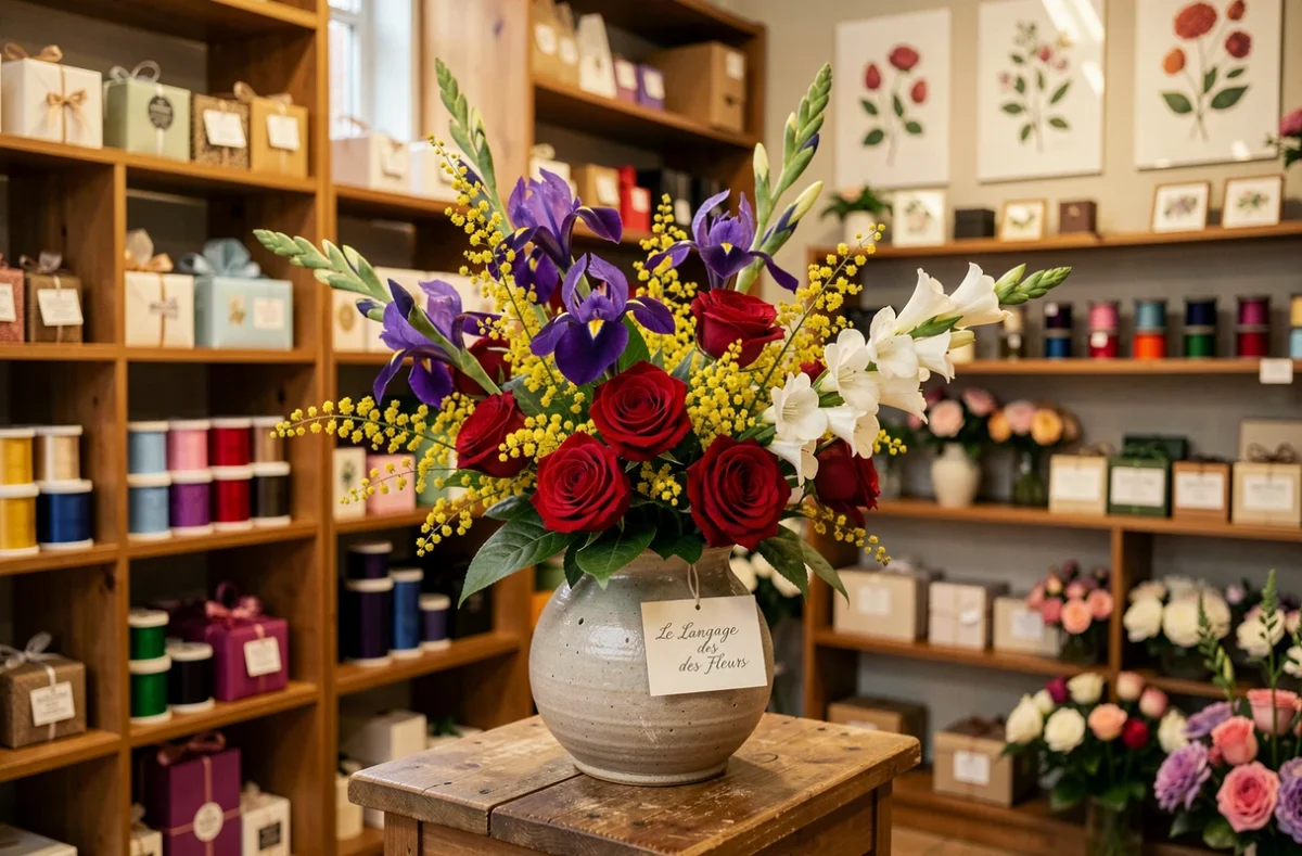 Composition florale inspirée du langage des fleurs dans la boutique Le Langage des Fleurs à Bourges, avec roses rouges, iris violets et mimosa jaune dans un vase en grès