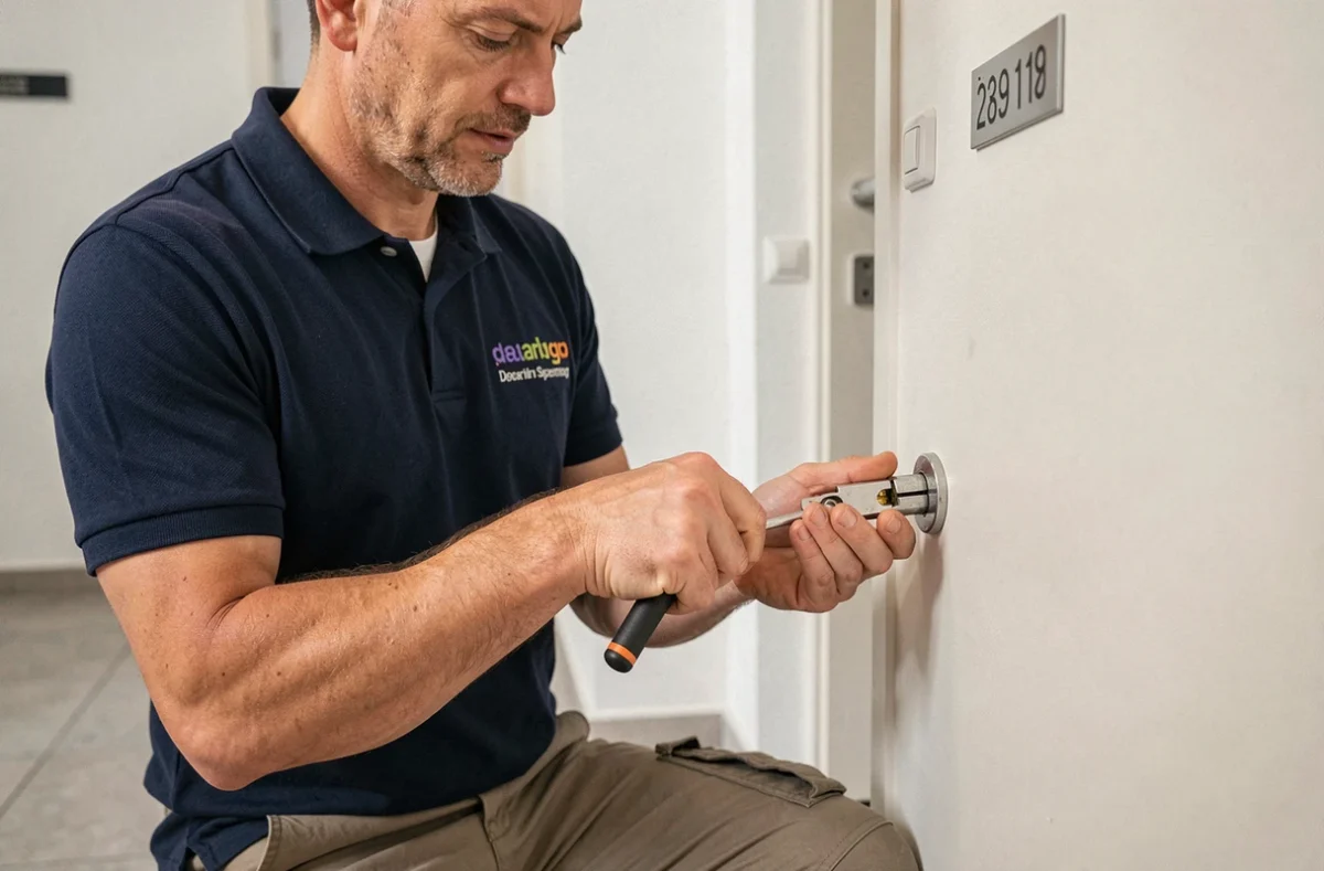 Serrurier de LSS Locksmith Serrurier Strasbourg travaillant sur une serrure de porte d'appartement