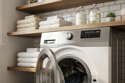 Machine à laver haut de gamme dans une buanderie moderne avec carrelage blanc et étagères en bois