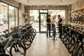 Intérieur d'un magasin de vélos électriques dans le Val-de-Marne avec une sélection de VAE exposés et des conseillers en discussion avec un client