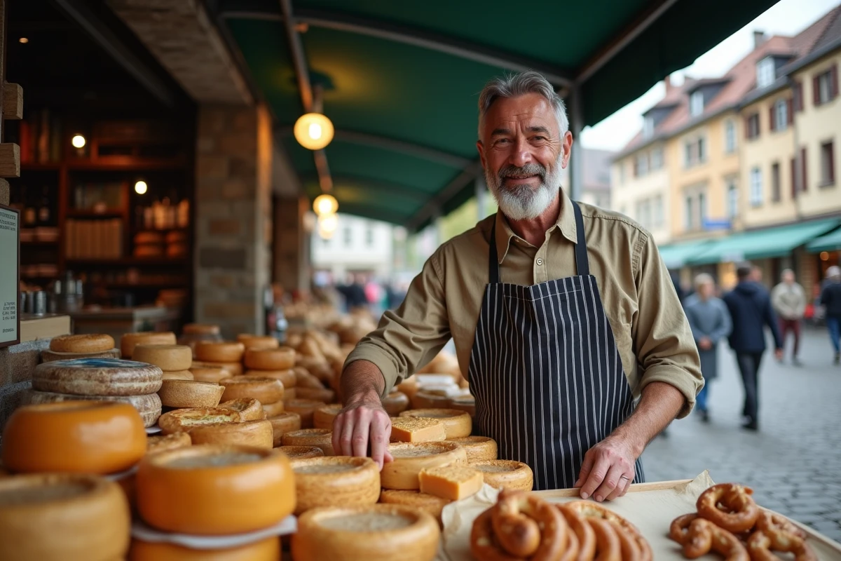 Étal de marché alsacien à Strasbourg avec fromages locaux, bretzels et tartes flambées présentés sur un comptoir en bois