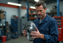 Mécanicien homme examinant un disque de frein dans un atelier