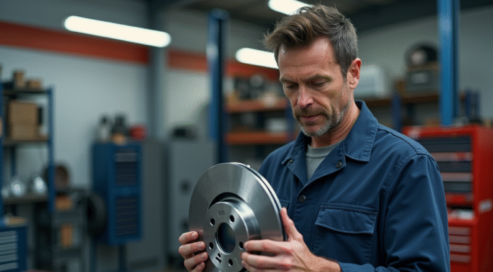 Mécanicien homme examinant un disque de frein dans un atelier