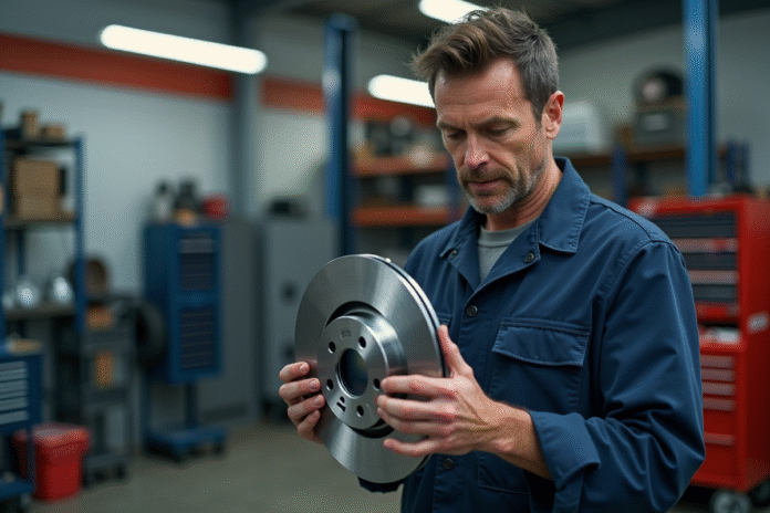 mecanicien-brake-disc Mécanicien homme examinant un disque de frein dans un atelier