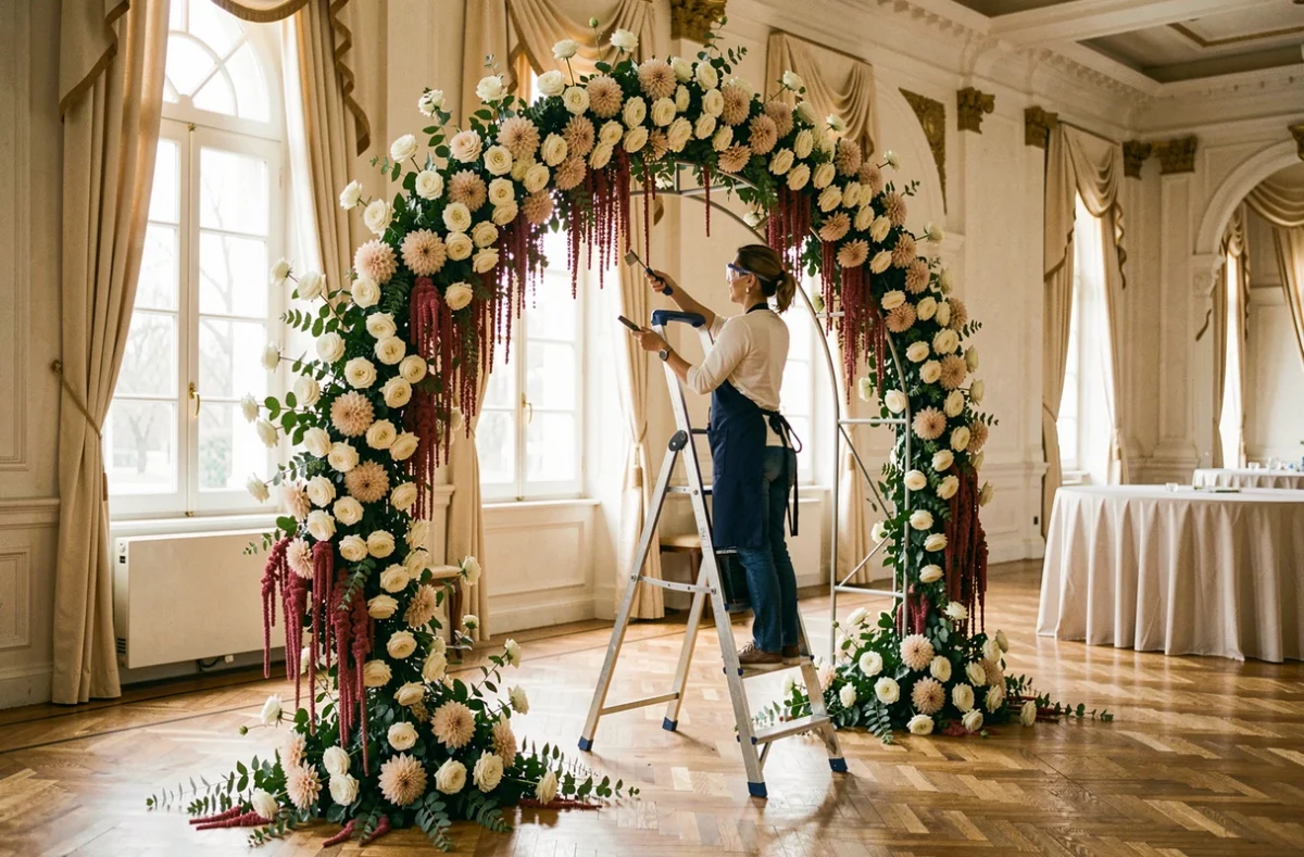 Fleuriste événementielle de Mélodie Atelier de Fleurs Intemporelles installant une arche florale en roses blanches et dahlias dans une salle de réception à Bourges