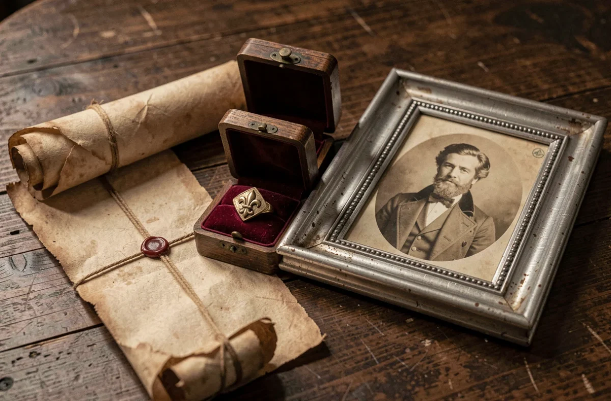 Collection d'objets historiques liés à la royauté française, dont un parchemin scellé, une bague sigillaire fleur de lys et une photographie ancienne encadrée